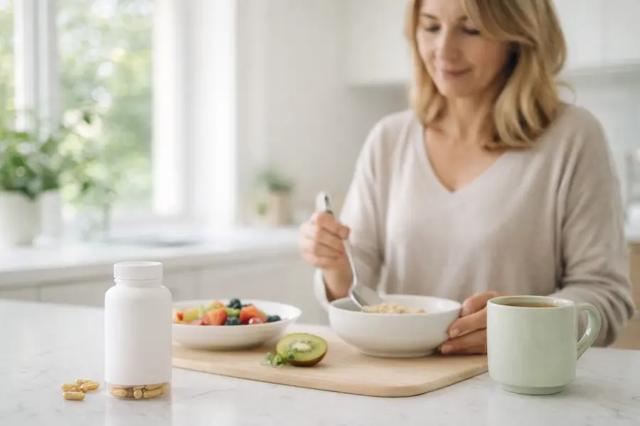 Mujer preparando desayuno saludable con suplemento de berberina en cocina luminosa asociada al metabolismo y control de la glucosa