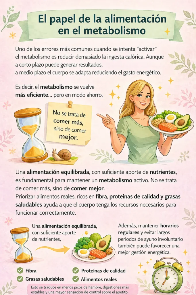 infografía sobre el papel de la alimentación en el metabolismo y hábitos para mejorar la energía de forma natural