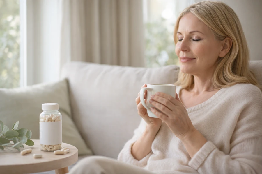 Mujer relajada tomando magnesio para mejorar el descanso y reducir el estrés