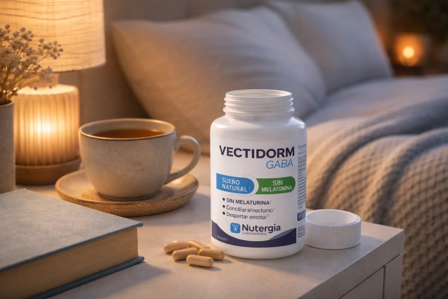 Nutergia Vectidorm GABA junto a una taza antes del descanso nocturno