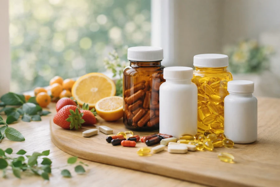 Selección de vitaminas y suplementos junto a frutas de primavera