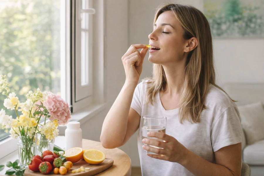 Mujer tomando vitaminas en primavera junto a fruta fresca