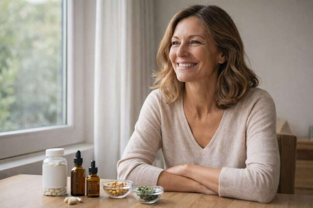 Mujer en etapa de menopausia con suplementos naturales para el bienestar hormonal