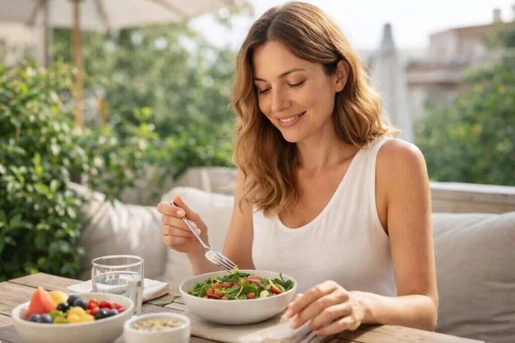 Mujer disfrutando de una comida equilibrada para cuidar la salud digestiva después del verano