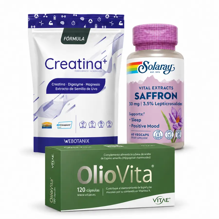 Pack especial menopausia con WeBotanix Creatina+, Solaray Azafrán 60 cápsulas y Vitae OlioVita 120 cápsulas